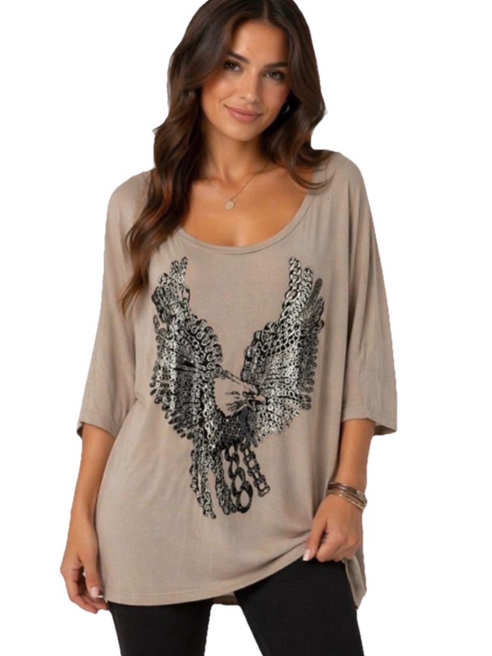 Lauren Moshi Eagle Chain Wings Womens Cream Greyish 3/4 Sleeve Tunic Size Medium